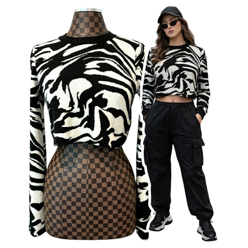 H&M Crop Sweater Medium Black & White Swirl Geometric OpArt Pullover Mod NWT